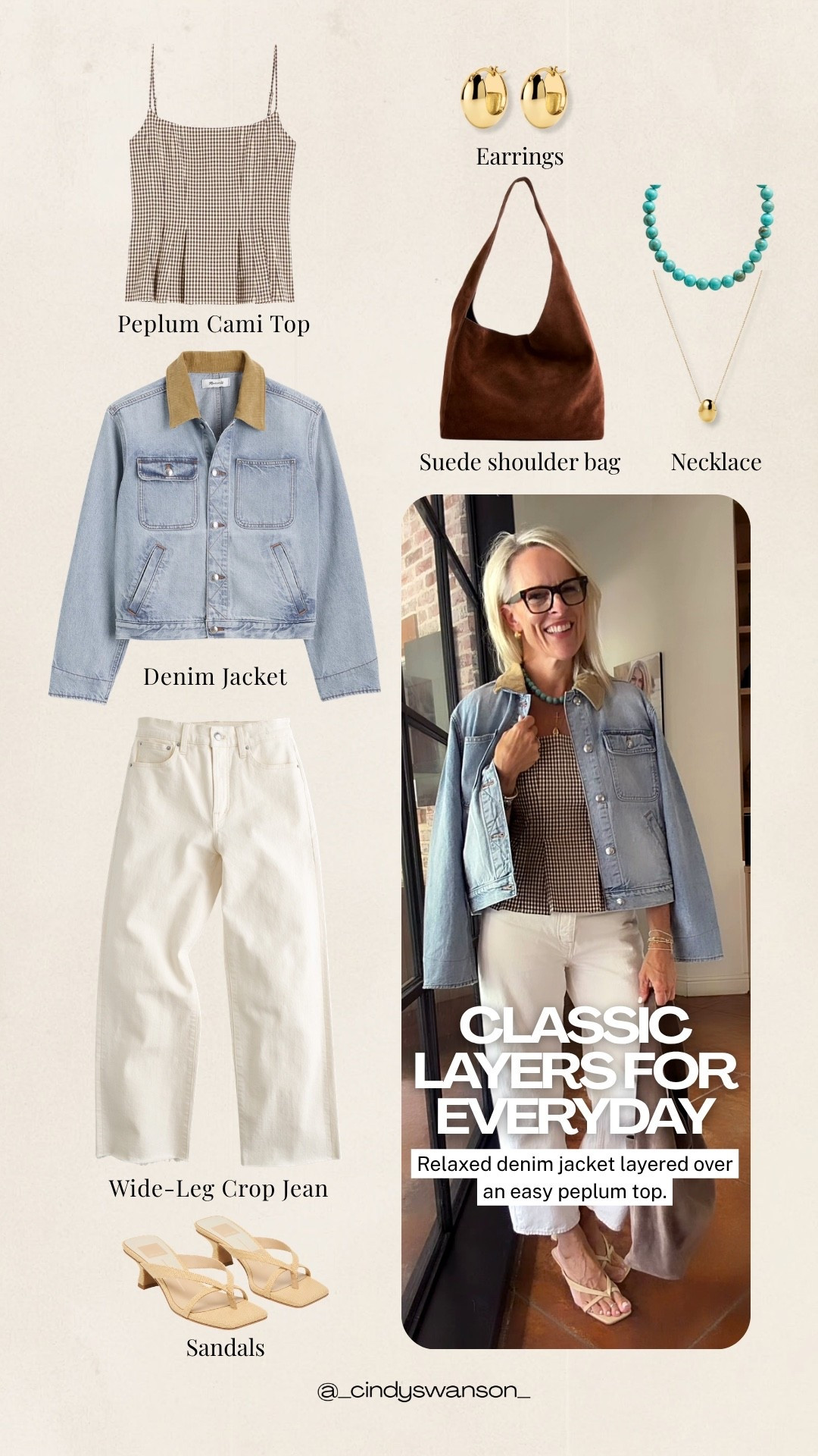 This classic denim jacket is an easy layer over a gingham peplum cami and wide-leg crop jeans. I love the mix of relaxed denim and feminine details for a comfortable, polished everyday outfit.

💡 LTK MADE EASY
❤️ Heart = Support my posts!
🔖 Save = Get sale & restock alerts
📋 Lists = Keep favorites organized
📲 Share = Send lists and products to a friend. Hello, Christmas List!
💬 Comment = Ask me anything about what I’m wearing.:-)

#LTKootd #LTKOver40 #LTKSeasonal