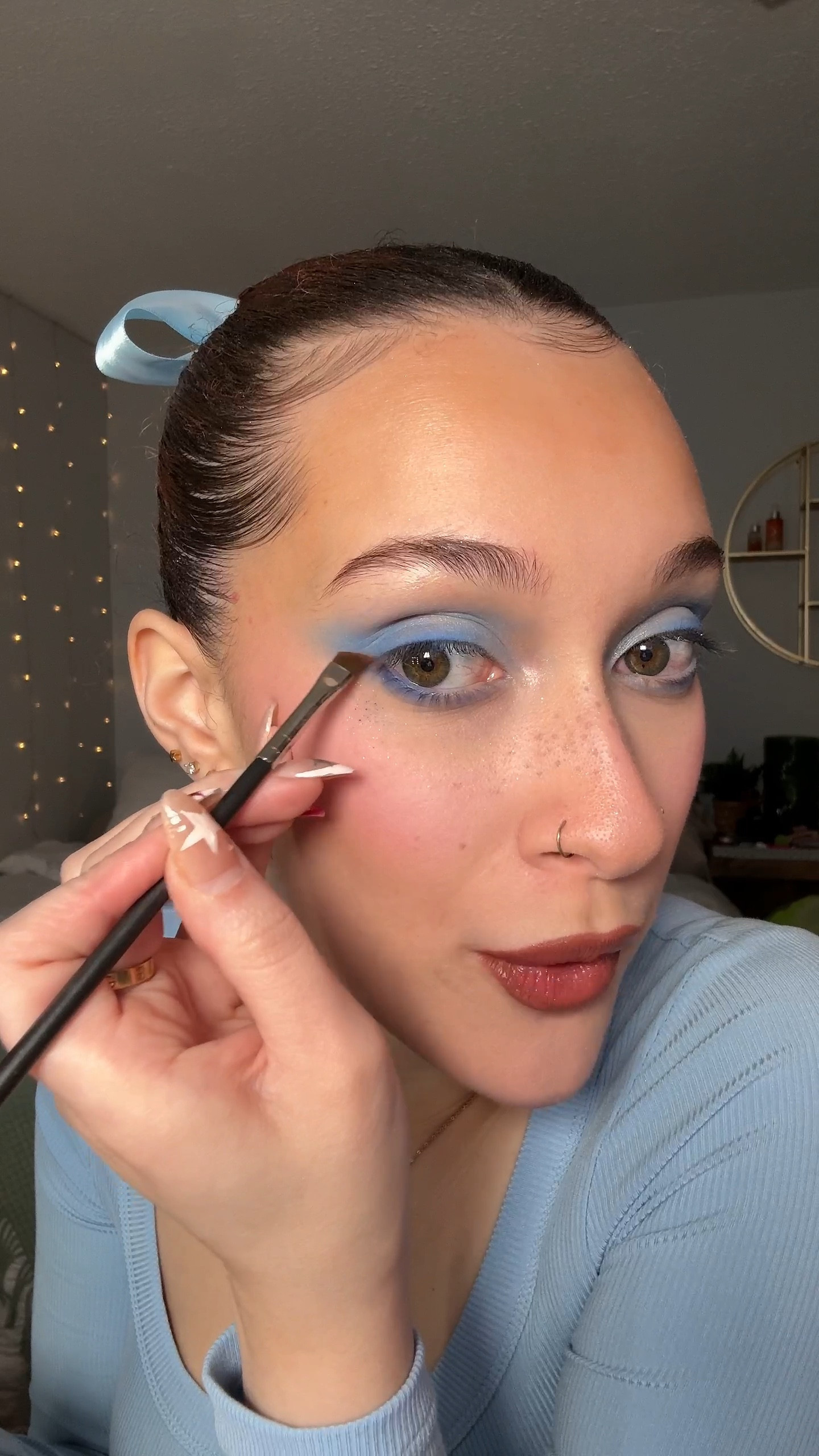 THIS BLUE MAKEUP LOOK IS GORGEOUS!! The dress is a skims dupe from Amazon 🩵 #makeup #eyeshadow #foundation 

#LTKU #LTKbeauty #LTKVideo