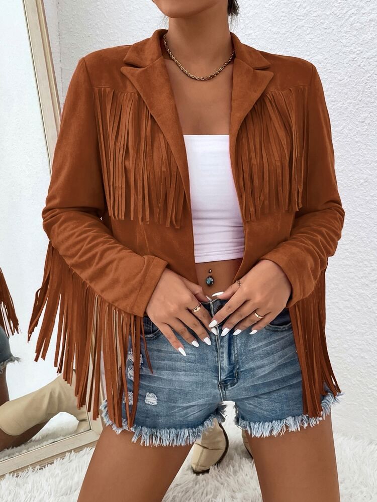 Fringe Trim Open Front Jacket | SHEIN