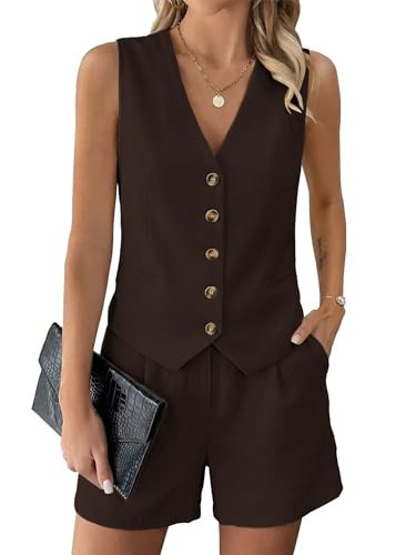 SimpleFun Womens 2 Piece Short Sets Button Down Vest Top and Shorts with Pockets Matching Summer Outfits | Amazon (US)