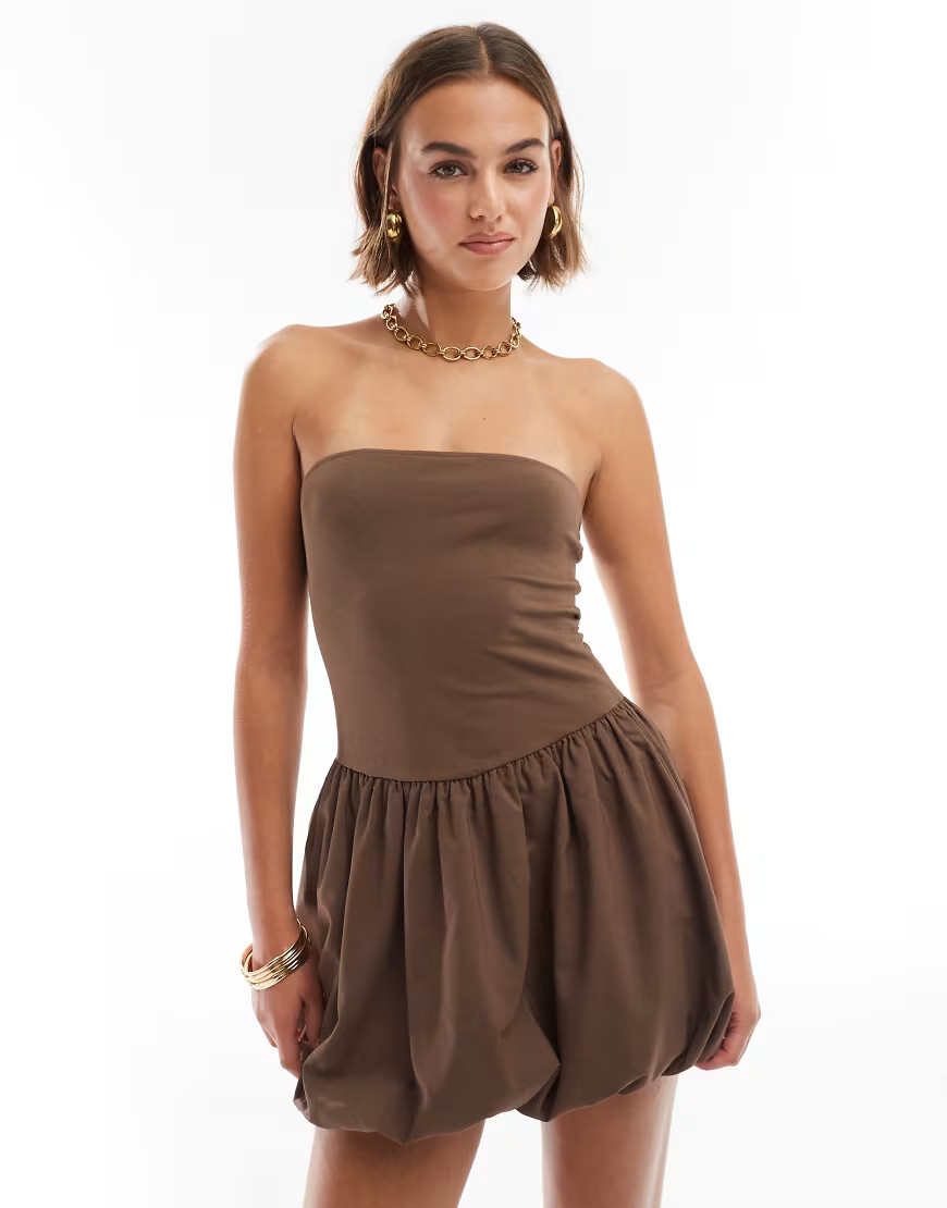 ASOS DESIGN bandeau puffball mini dress in brown | ASOS (Global)