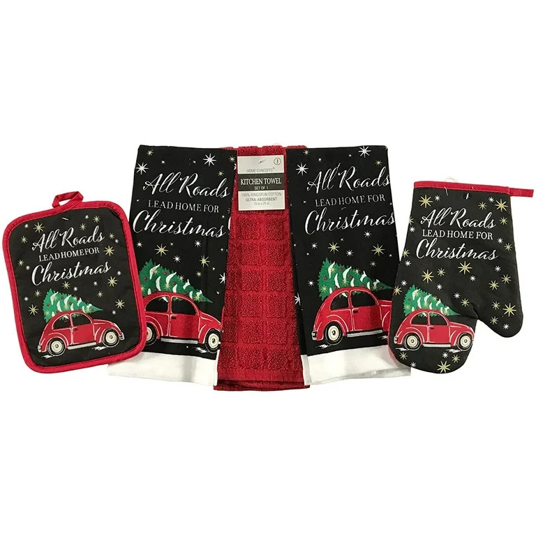 Holiday Christmas Kitchen Towels Pot Holders Set: All Roads Lead to Home, Vintage Car with Tree o... | Walmart (US)