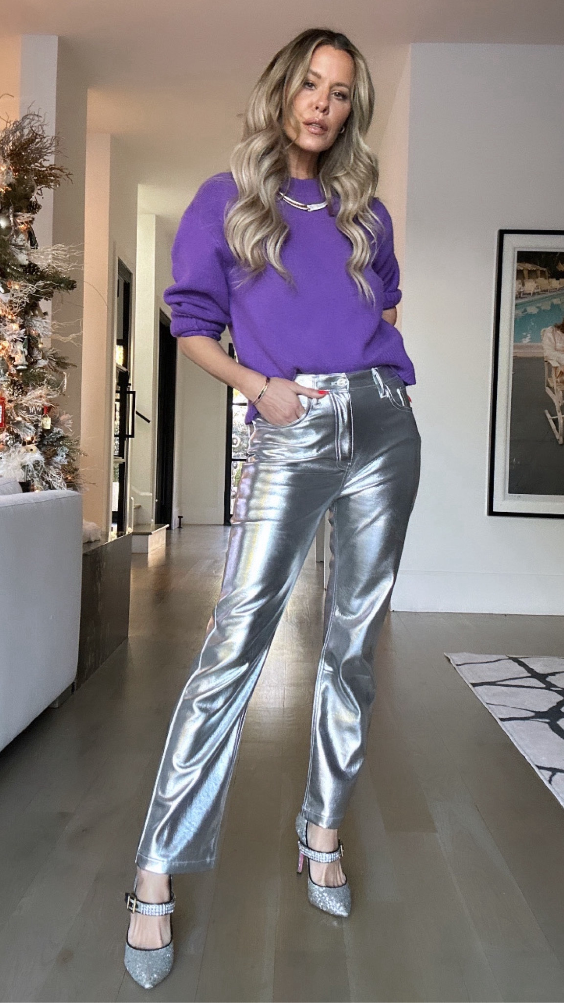 Sparkle & color is always holiday magic! The purple sweater is on major sale (plus I linked some that are identical!), silver pants are still in stock, but the heels are an old gucci find! Linked some that would also work! 

#LTKstyletip #LTKparties #LTKSeasonal