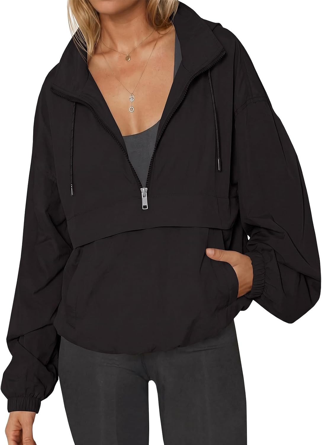 Fisoew Womens Windbreaker Lightweight Jackets Hooded Quarter Zip Pullover | Amazon (US)