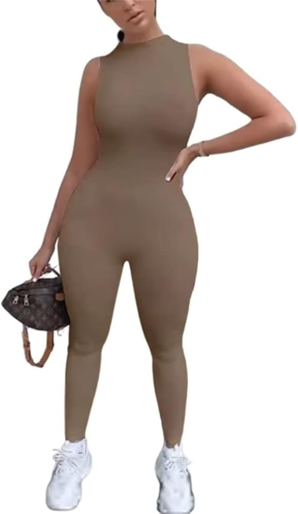 EOJN Women's Sexy Bodycon Jumpsuit One Piece,Sleeveless Zipper Pants Rompers Jumpsuit | Amazon (US)