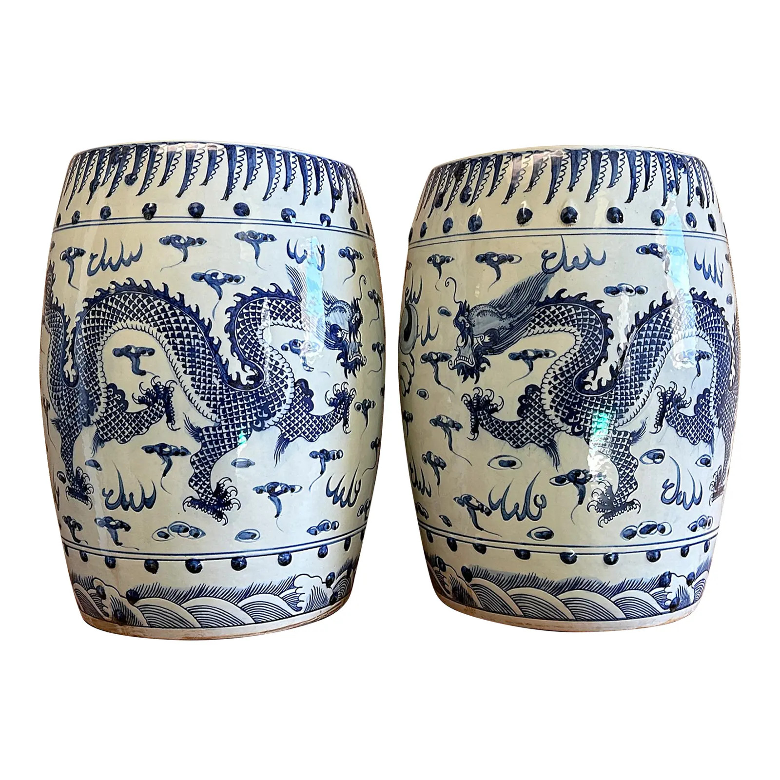 Contemporary Blue & White Chinoiserie Porcelain Dancing Dragon Garden Stools - a Pair | Chairish