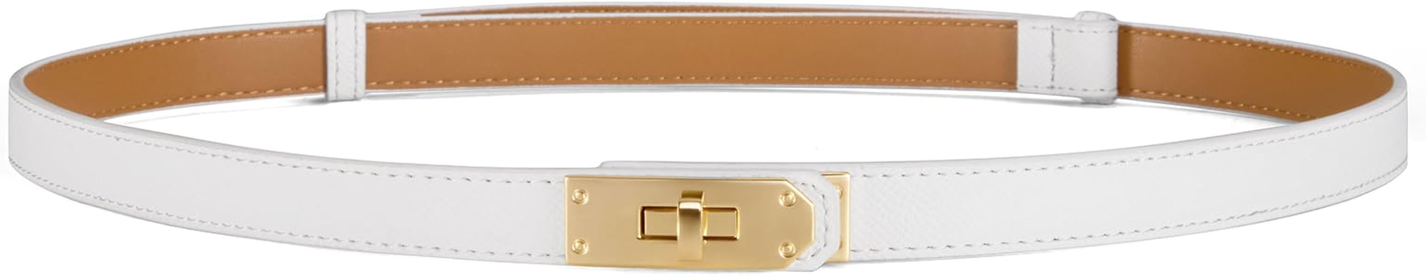 Women’s Skinny Leather Belt with Gold or Silver Turn-Lock Buckle – Adjustable Thin Belt for D... | Amazon (US)
