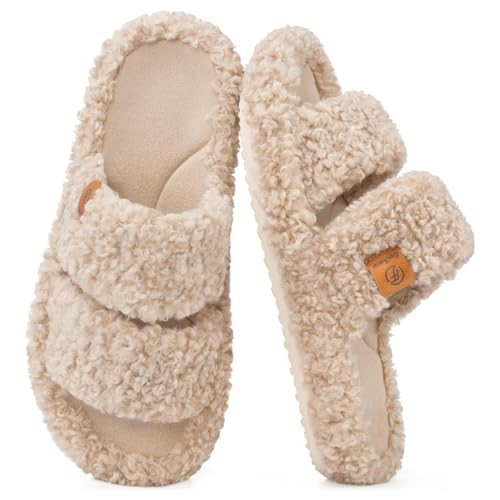 EverFoams Womens Fuzzy Open-toe Slippers Indoor Vintage Khaki, 9-10 US | Amazon (US)