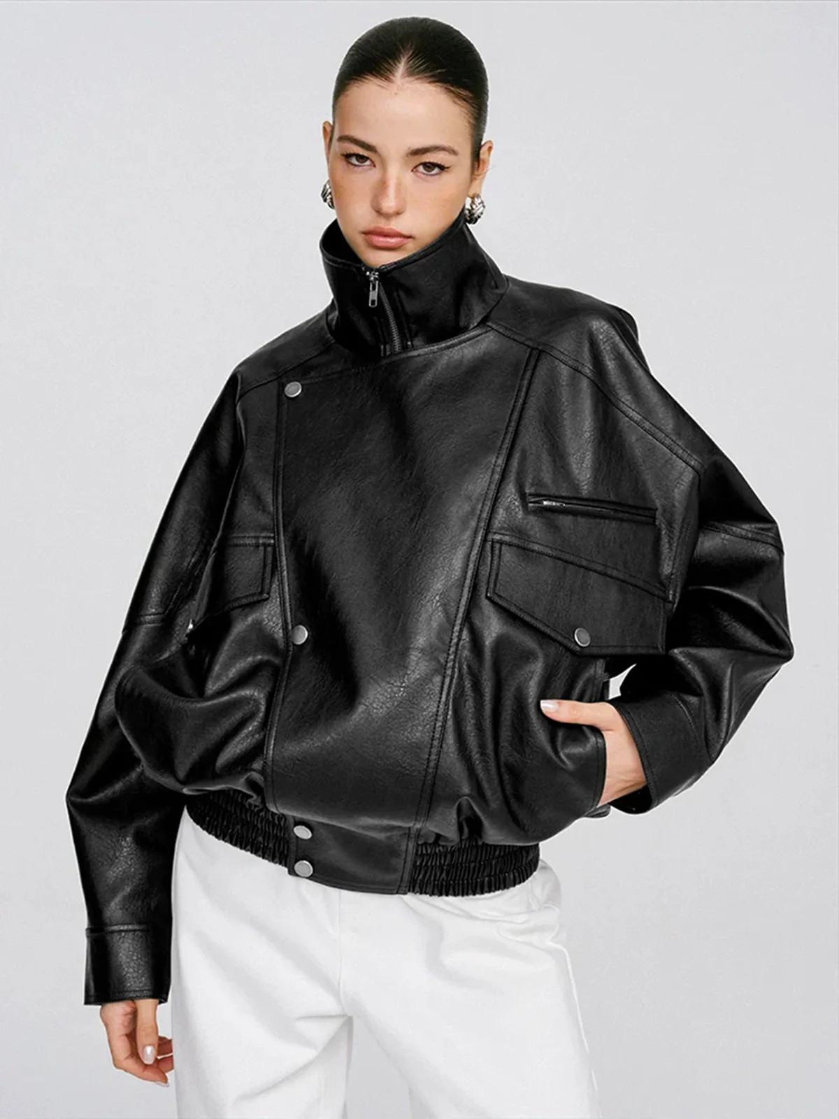 Collared Oversized PU Leather Jacket | Commense