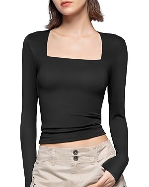 PUMIEY Women's Square Neck Long Sleeve T Shirts Slim Fit Tops Basic Tee Smoke Cloud Pro Collectio... | Amazon (US)