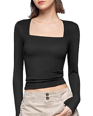 PUMIEY Women's Square Neck Long Sleeve T Shirts Slim Fit Tops Basic Tee Smoke Cloud Pro Collectio... | Amazon (US)
