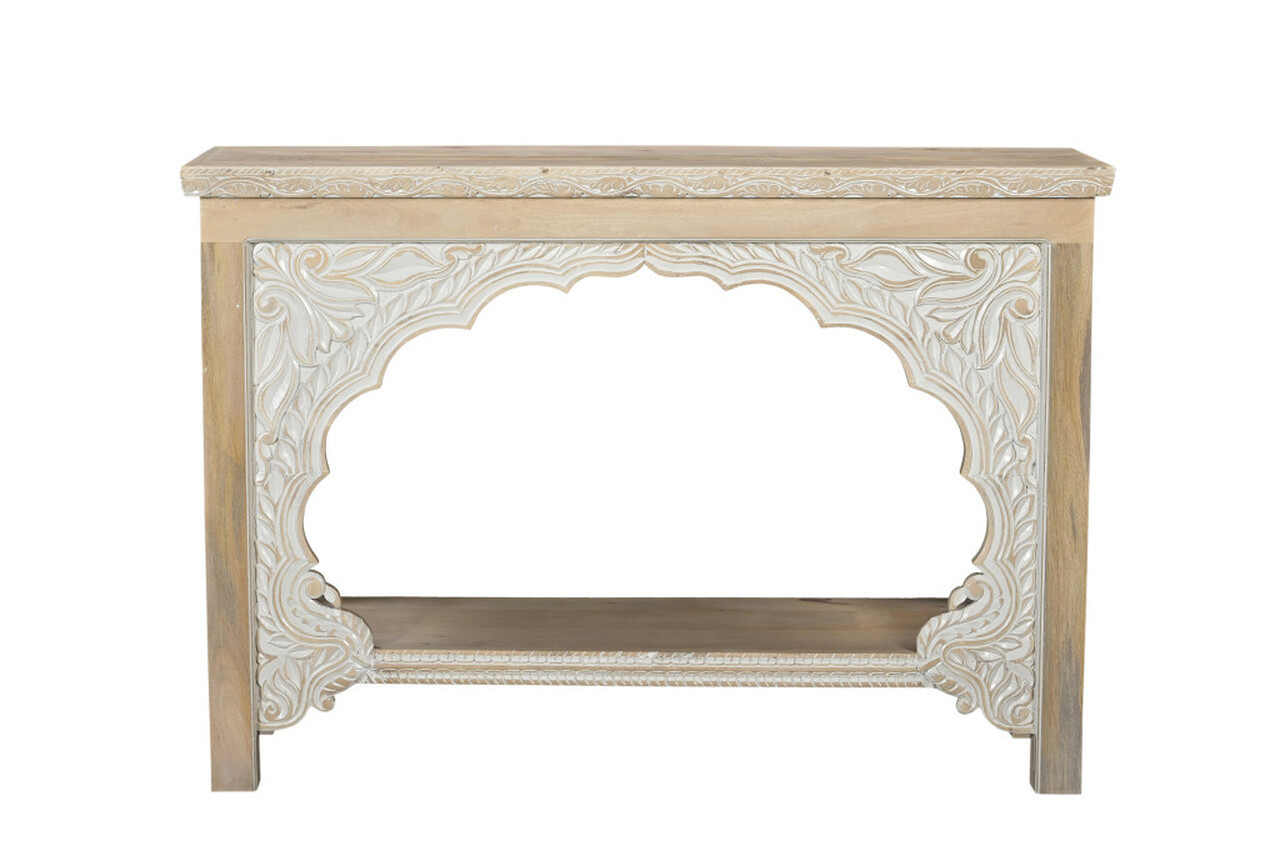 56 Inch Solid Wood Distressed Console Table with Shelf In Natural | 1stopbedrooms