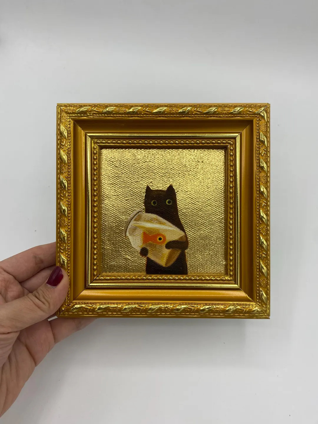 Gold Foil Oil Painting, Small Framed Original Art, 4x4 Canvas Artwork, Gift for Friends, Gold Fra... | Etsy (US)