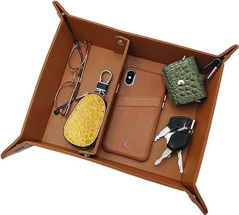 LUCKYCOIN Valet Tray Vegan Leather Bedside Organizer Desk Storage Plate Catchall for Change Jewel... | Amazon (US)