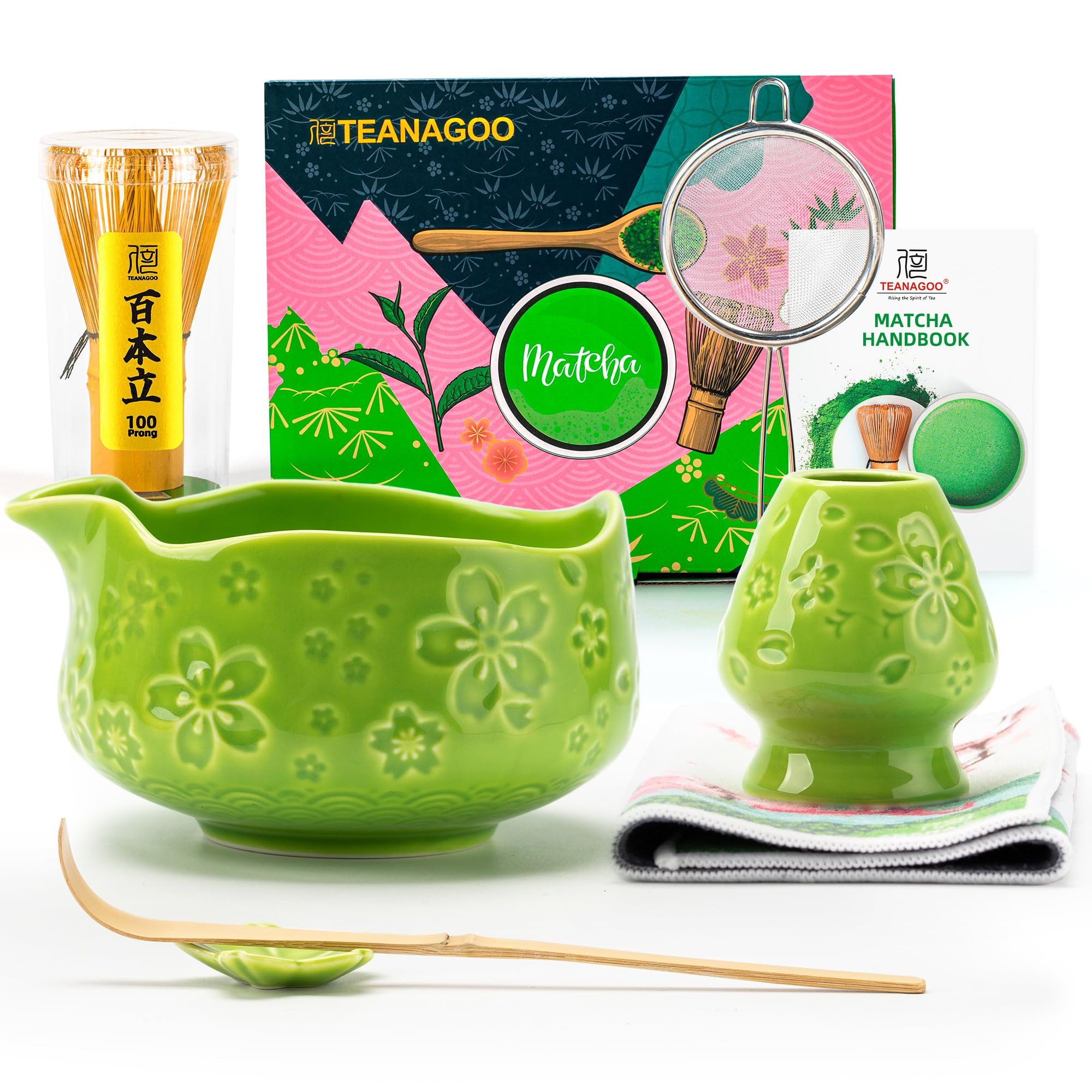 TEANAGOO 7-PCS Green Matcha Whisk Set with Cherry Blossom Design, Complete Ceremony Kit, Ceramic ... | Amazon (US)