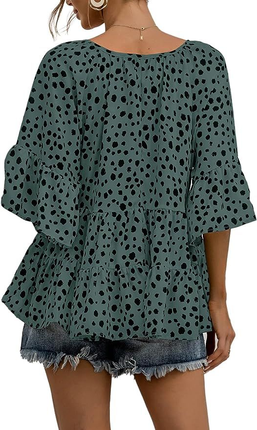 Avanova Women's Leopard Print Peplum Top Tie Neck Ruffle Half Sleeve Babydoll Blouse | Amazon (US)