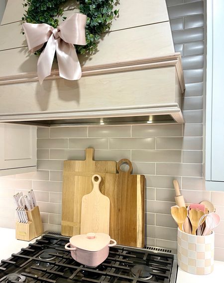 Subtle Valentines Decor
Valentines Kitchen Decor 
Heart shaped wooden spoons 
Pink spatulas 
White knife block 
Cafe appliances 
Wood oven hood 
#justaddabow

#LTKstyletip #LTKSeasonal #LTKhome