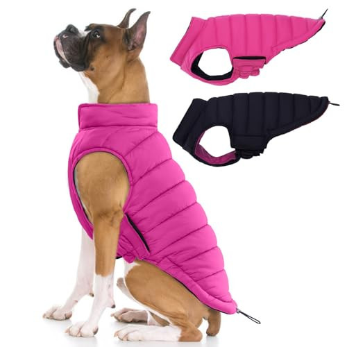 Lelepet Reversible Dog Coat Waterproof Dog Jacket Windproof Puffer Vest for Winter Warm Lightweight Coats for Large Dogs Adjustbale Hook & Loop Pet Apparel with Leash Hole, Pitbull, Rose Red, XL | Amazon (US)