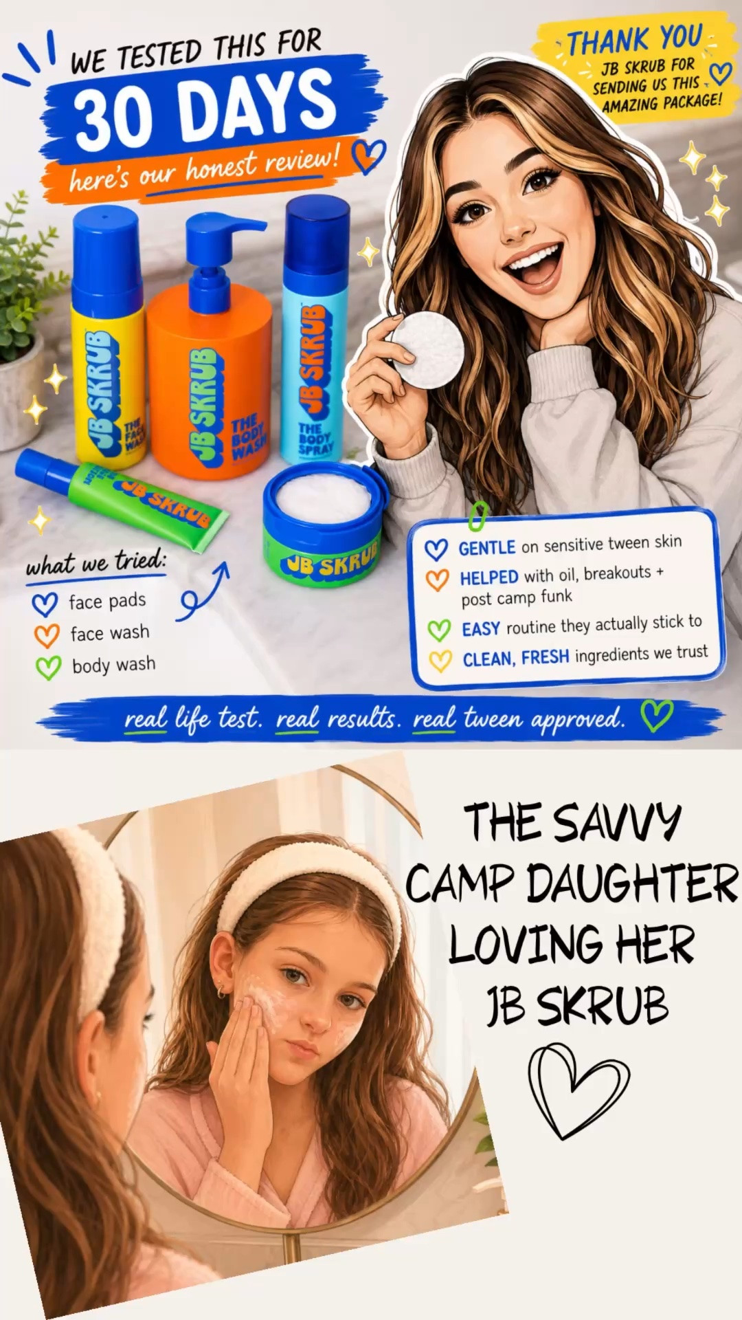 We’ve been testing these for the LAST 30 DAYS before I shared because you all know I’m picky about what I recommend for tweens + teens 👏  

And honestly… my daughter has actually been USING them without me reminding her every five seconds 😂  

We tried:
✨ the face pads  
✨ the face wash  
✨ the body wash  
✨ the pimple patches

What I liked:
✔ gentle on sensitive tween/teen skin  
✔ simple routine they’ll actually stick to  
✔ helped with oily skin + post-camp/sports funk  
✔ no overpowering fragrance  
✔ cute packaging that somehow makes them WANT to wash their face 😭  

The face pads were probably the MVP in our house because they’re SO easy for quick morning/night routines.  

If you’ve been looking for skincare that feels age-appropriate for tweens/teens without being harsh or overly complicated… this one is definitely worth looking into. 🤍  

Thank you to JB SKRUB for sending these over for us to test! My opinions are always honest and my daughter truly gave these a real-life camp kid test 😂#sleepawaycamp #ltkmomlife #happycamper #skincareroutine #jbskrubpartner