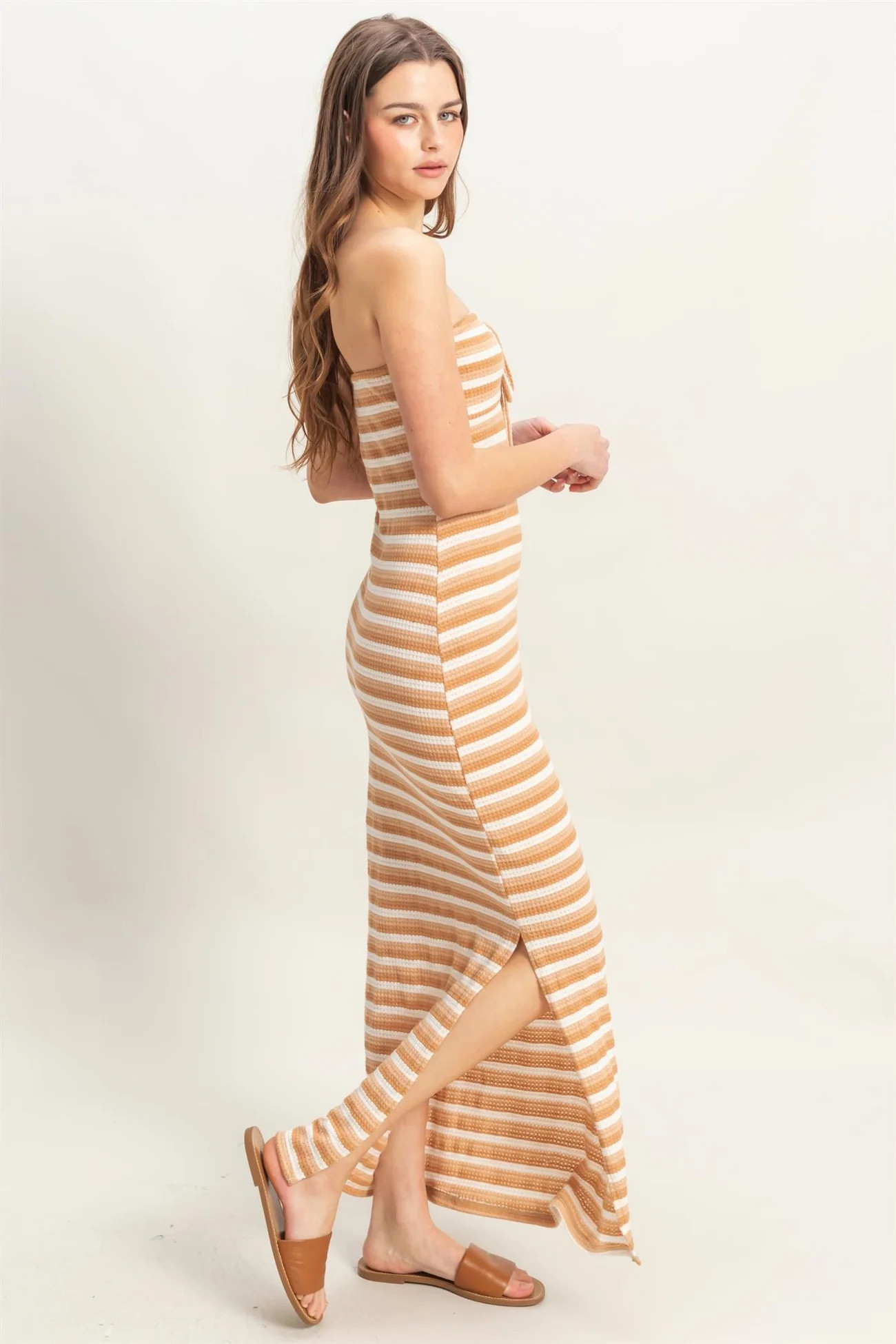 Camel Striped Knit Strapless Side Slit Maxi Dress | PinkBlush Maternity