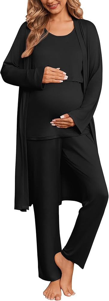Ekouaer Nursing Pajamas Maternity Robe Set 3 Pieces Postpartum Maternity Pajama Set Pregnancy Bre... | Amazon (US)