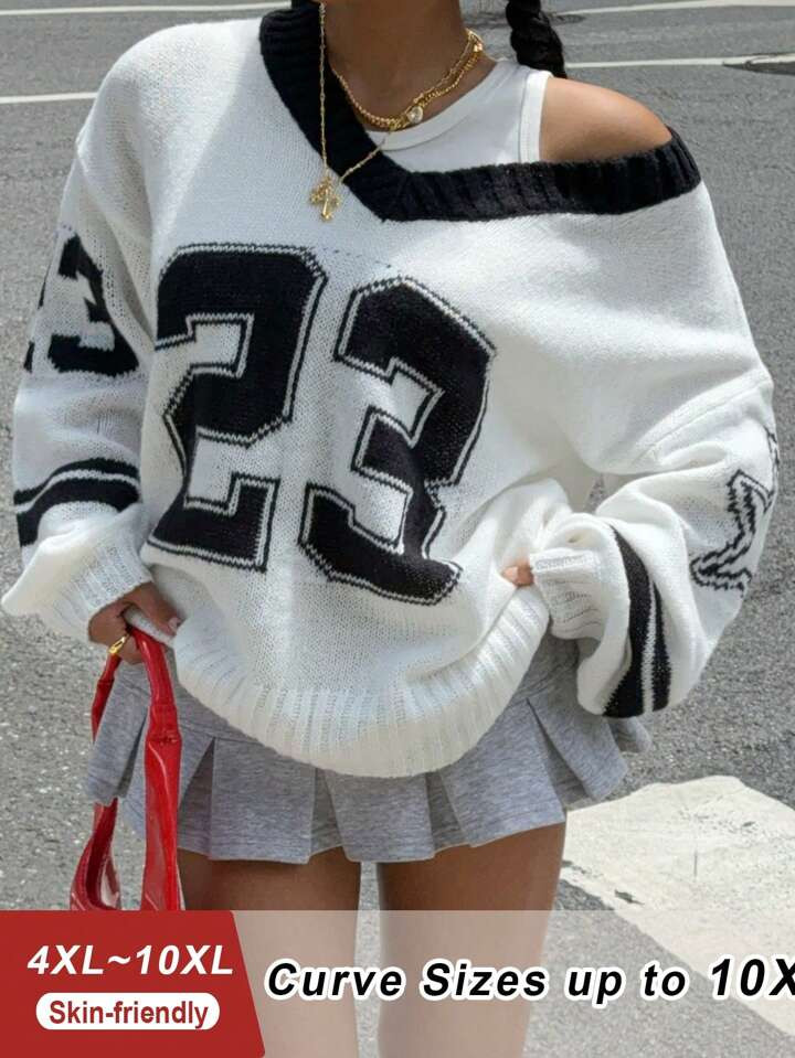 SHEIN CURVE+ Plus Size Women Casual Summer/Fall Drop Shoulder V-Neck Letter Black And White Footb... | SHEIN