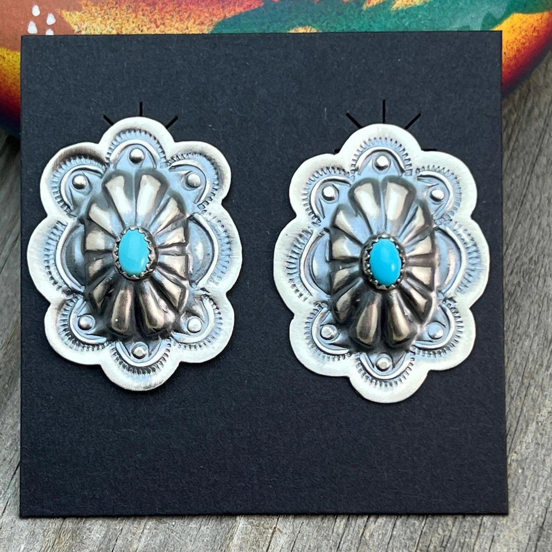 Turquoise stamped concho earrings sterling silver Lavina Benally Navajo 712 | Etsy (US)