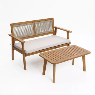 LuxenHome Outdoor Acacia Wood Rope Back Loveseat with Cushions and Coffee Table Set | Tractor Supply