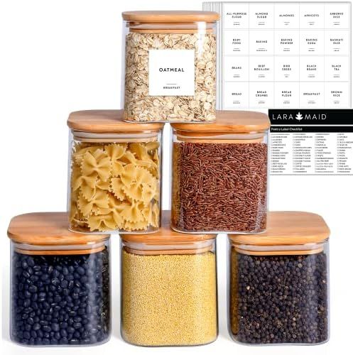 Laramaid 27oz 6Packs Glass Jars Set, Square Pantry Jars with Bamboo Lids and Customized Labels, F... | Amazon (US)