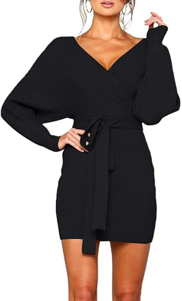 Zonsaoja Women's Sweater Dress Sexy V Neck Long Sleeve Backless Wrap Knitted Mini Dresses | Amazon (US)