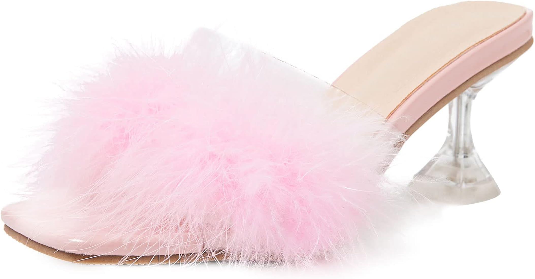 Heiyom Women's Square Toe High Stilettos Heels Mules Sandals Fluffy Feather Slip on Clear High He... | Amazon (US)