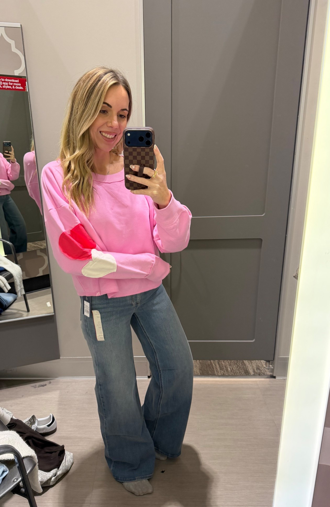 The valentines sweatshirt run big and wide so I would size down! Pants are TTS. 