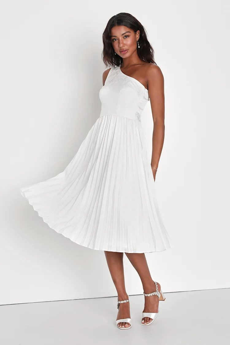 Festive Flirtation White Satin Jacquard One-Shoulder Midi Dress | Lulus (US)