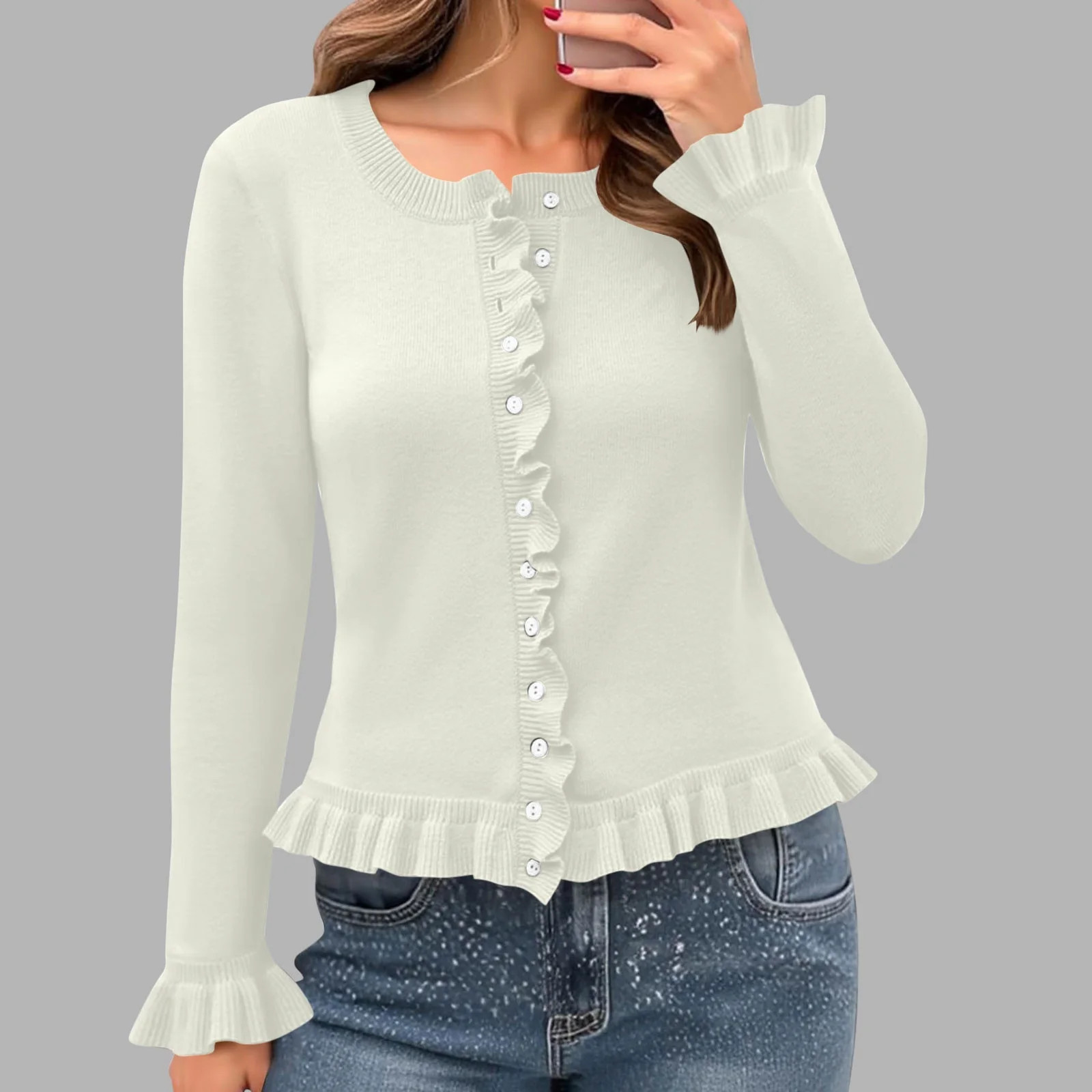 Sakmal Button Down Cardigan Sweaters for Women Ruffle Soft Knitted Peplum Cardigan White Long Sle... | Walmart (US)