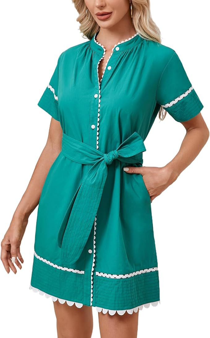 Women's Short Sleeve Summer Shirt Dress Button Down Belted Tunic Mini Dresses RIC Rac Trim Sundre... | Amazon (US)