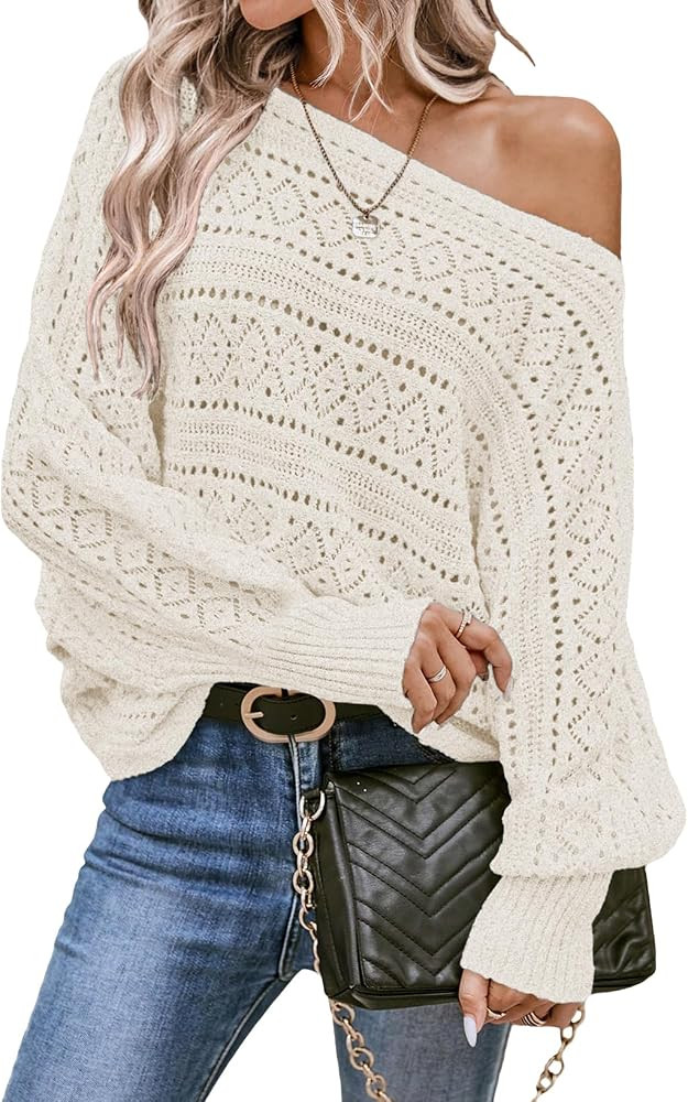 EVALESS Women's Crochet Boat Neck Long Sleeve Loose Fit Sweaters Fall Winter Clothes for Women Fa... | Amazon (US)