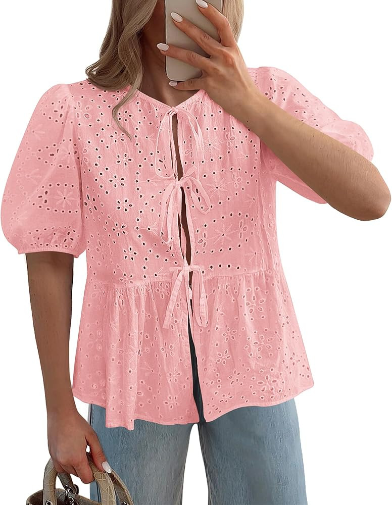 KIRUNDO Womens Tops Dressy Casual Tie Front Shirts Short Lantern Sleeve Hollow Out Lace Embroider... | Amazon (US)