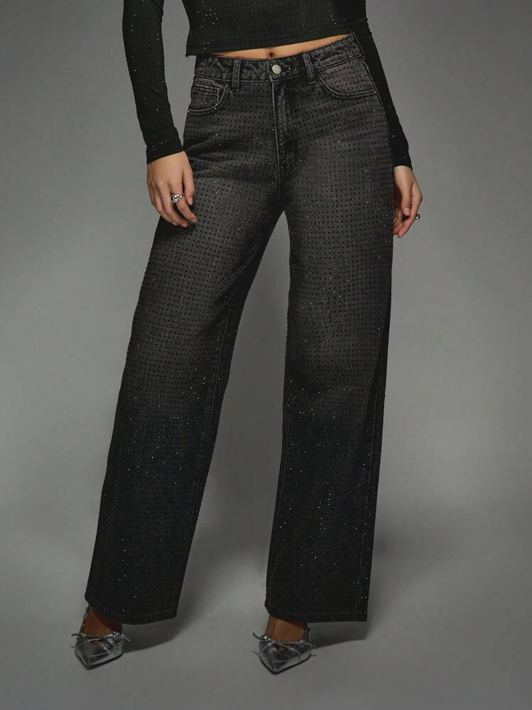MISSGUIDED Wide Leg High Rise Rhinestone Embellished Jeans Sparkling Party Evening Fall Winter Occasion Full Length Denim | SHEIN