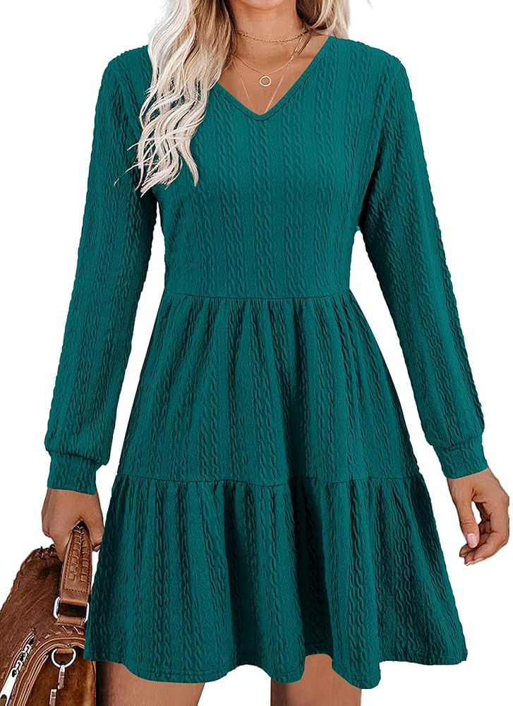 ABYOXI Women Sweater Dress V Neck Long Sleeve Tiered A Line Loose Swing Babydoll Knee Length Dres... | Amazon (US)