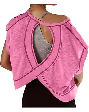 Summer Tops for Womens Open Back Workout Tops Backless Short Sleeve Athletic Shirt Running Crop T... | Amazon (US)