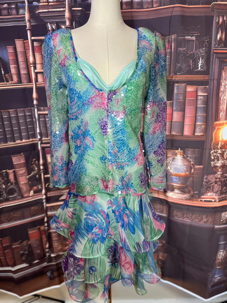 Vintage Lilly Rubin USA Made Sequin Tiered Floral Dress Size 6 | Etsy (Global)