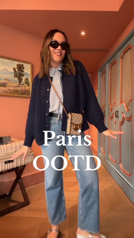 Paris outfit of the day! 

Sézane navy blue chunky knit cardigan. I have a medium. 

Old Navy blue and white striped button up shirt. I sized up to a large for an oversized fit. 

Arket low rise jeans. I have a size 29. 

Gucci horsebit mini crossbody bag. 

Sam Edelman silver Mary Jane flats. 

Celine Triomphe sunglasses in black acetate. 


#LTKVideo #LTKSeasonal #LTKtravel