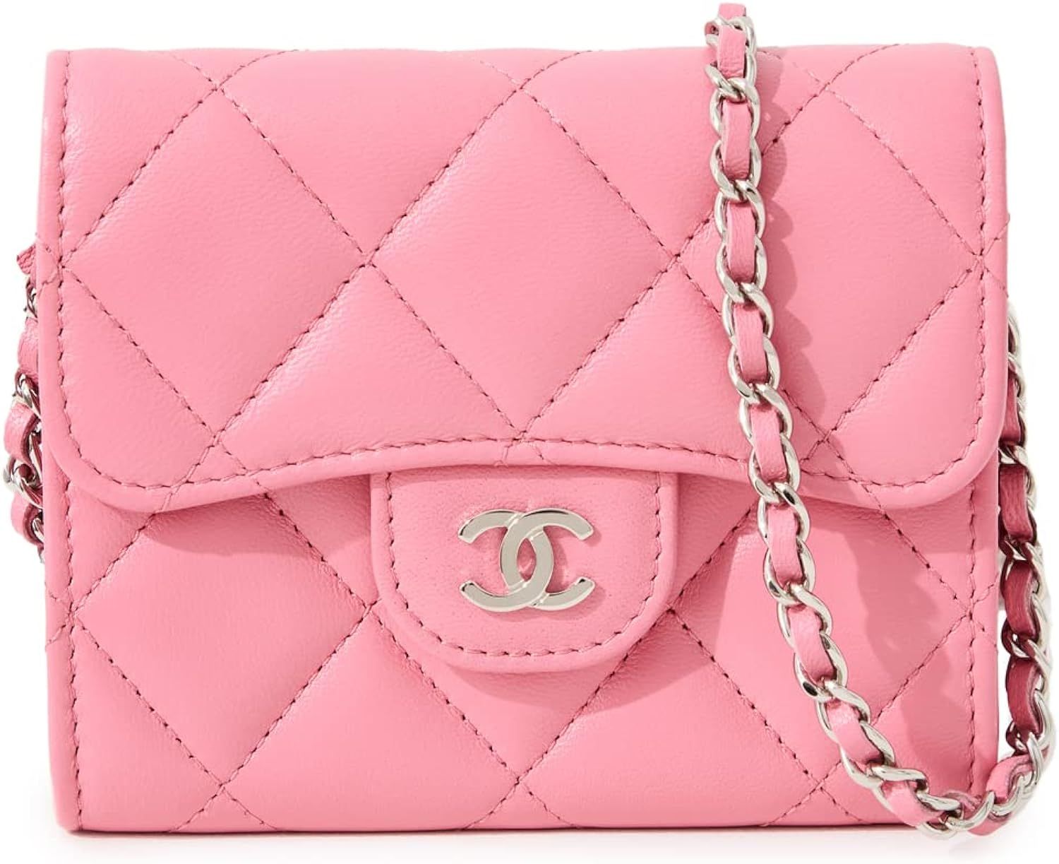 CHANEL Women's Pre-Loved Mini Card Case With Chain, Lamb, Pink, One Size | Amazon (US)