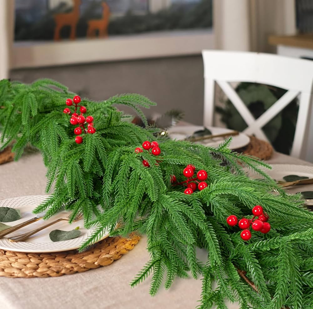 2PCS 6.4FT Christmas Artificial Norfolk Pine Garland Decorations with 10PCS Berry Stems Real Touc... | Amazon (US)