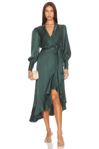 Zimmermann Silk Wrap Midi Dress in Dark Green from Revolve.com | Revolve Clothing (Global)