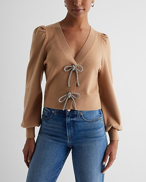 V-neck Embellished Bow Cardigan | Express