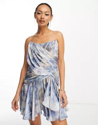 ASOS DESIGN draped bandeau corset satin mini dress with flippy skirt in blue ivory floral print | ASOS (Global)
