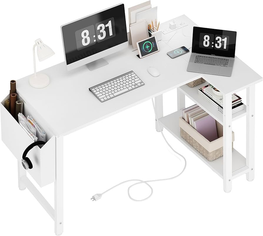 Lufeiya White L Shaped Computer Desk with Power Outlet Shelves, 40 Inch Small Corner Desk for Sma... | Amazon (US)