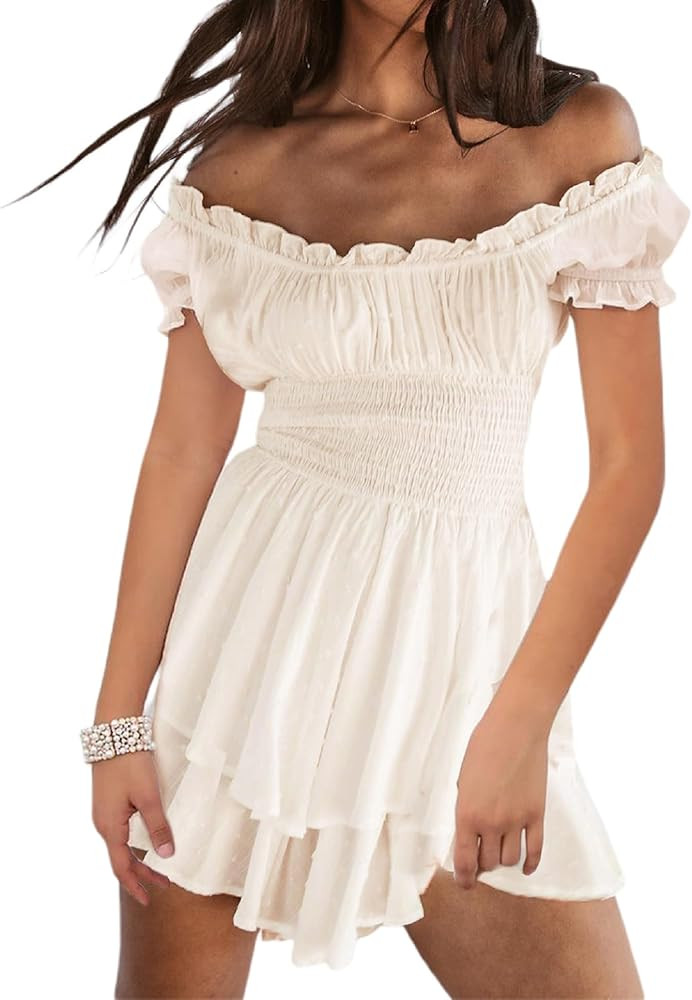 Aonoapll Women Off Shoulder Romper Dress Puff Short Sleeve Wrap Corset Mini Dress Ruffle Shorts J... | Amazon (US)