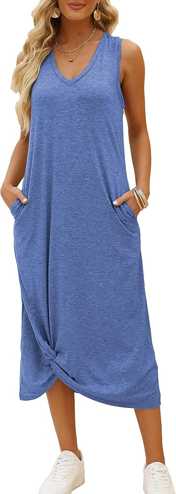 DEEP SELF Women's Casual V Neck Twist Knot Front Sleeveless Long Dress Summer Beach Tank Ankle Le... | Amazon (US)
